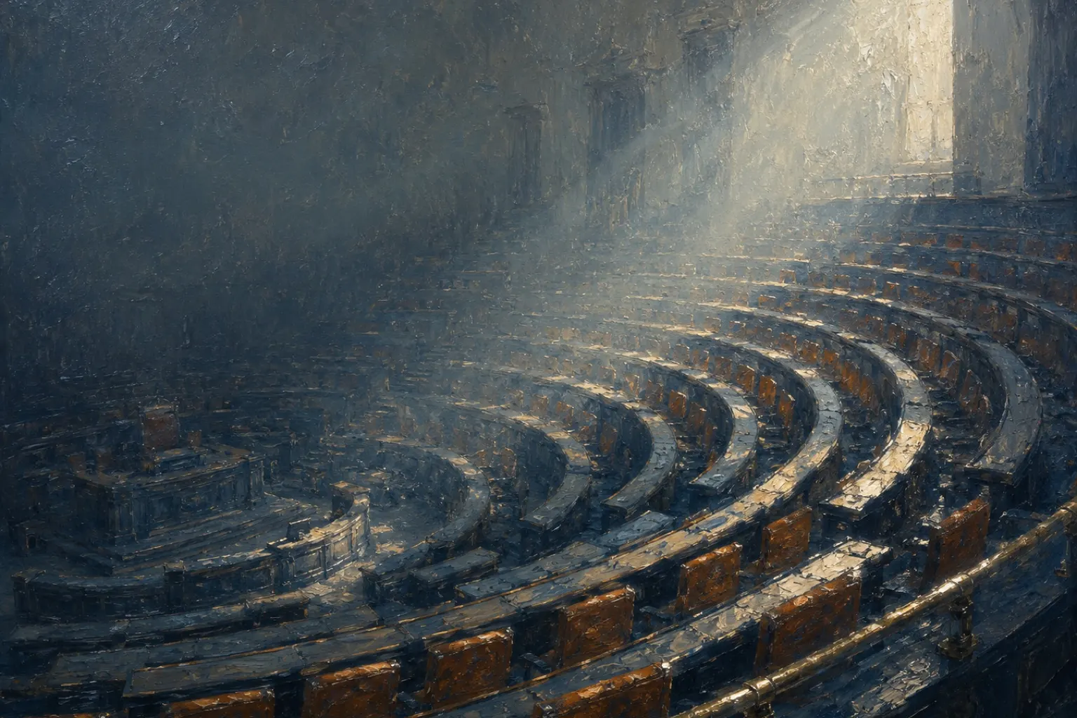 An impressionist painting of an empty semicircular parliamentary chamber, tiers of vacant benches curving away through cool blue shadow while a shaft of daylight catches the ochre seat backs and a brass rail