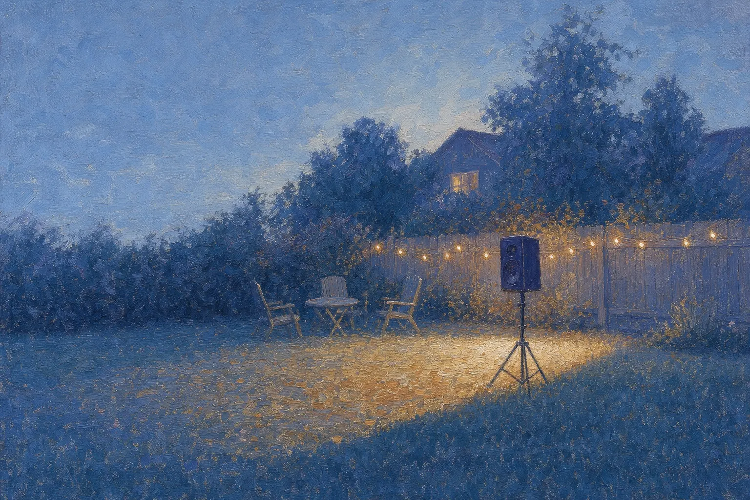 An impressionist painting of a garden at dusk, a loudspeaker on a tripod stand throwing a wide pool of warm amber light across the grass, empty chairs and a table at its edge and a string of lamps along the fence, the rest of the lawn left in blue dark